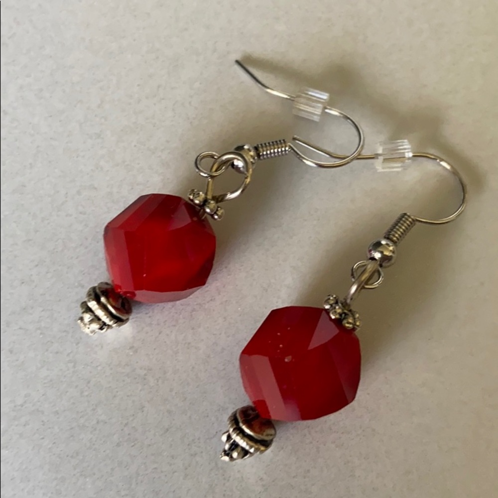 Handmade red and silver tone earrings